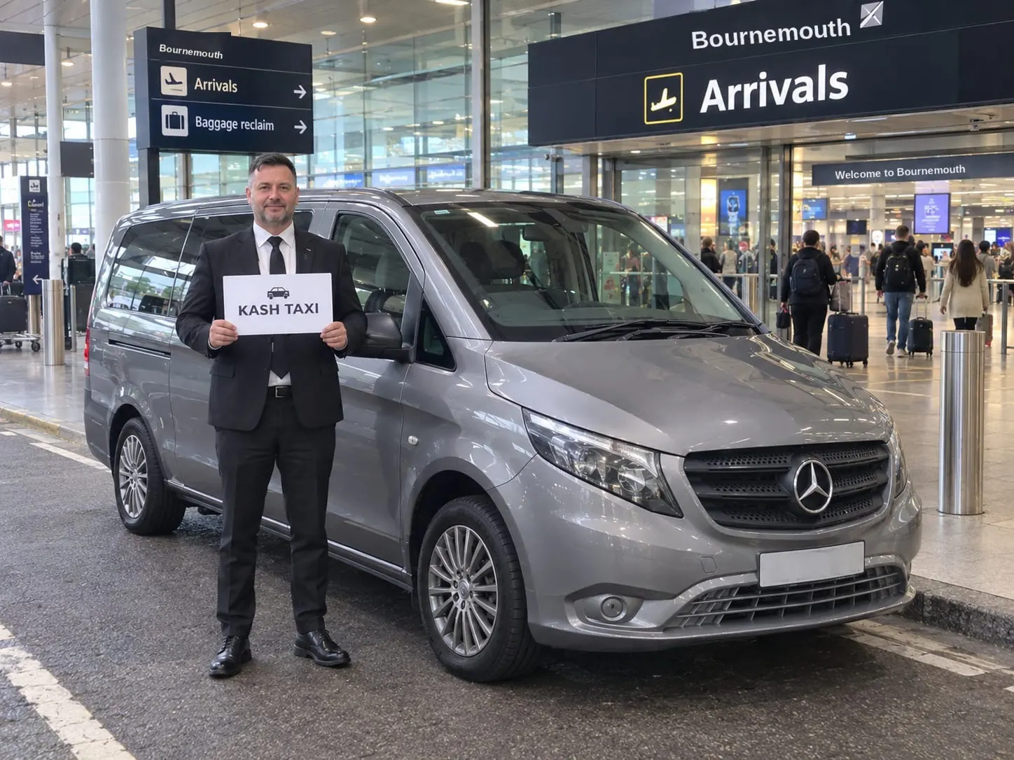 Kash Taxi driver holding a name board beside a Mercedes at Bournemouth Airport arrivals