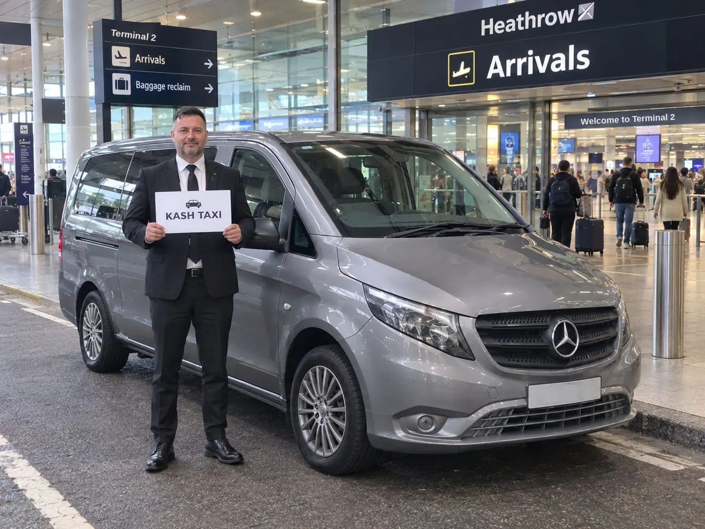 Kash Taxi driver holding a name board beside a Mercedes at Heathrow Terminal 2 arrivals