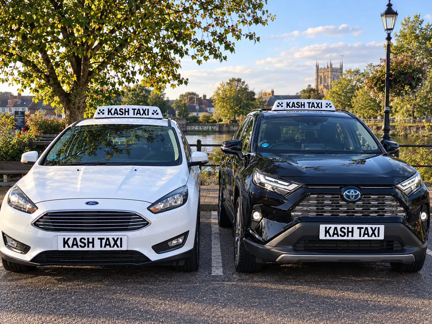 Kash Taxi Ford and Toyota vehicles parked by the river in Abingdon